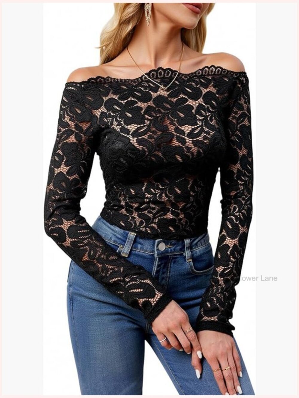 Off Shoulder Lace Long Sleeve Blouse Sheer Fitted Top